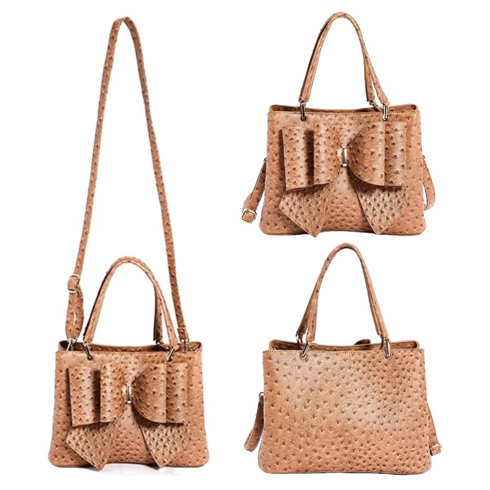 NEW!!! 3D Bow Vegan Leather 3-Way Wear Ostrich Beige Satchel, Crossbody Shoulder